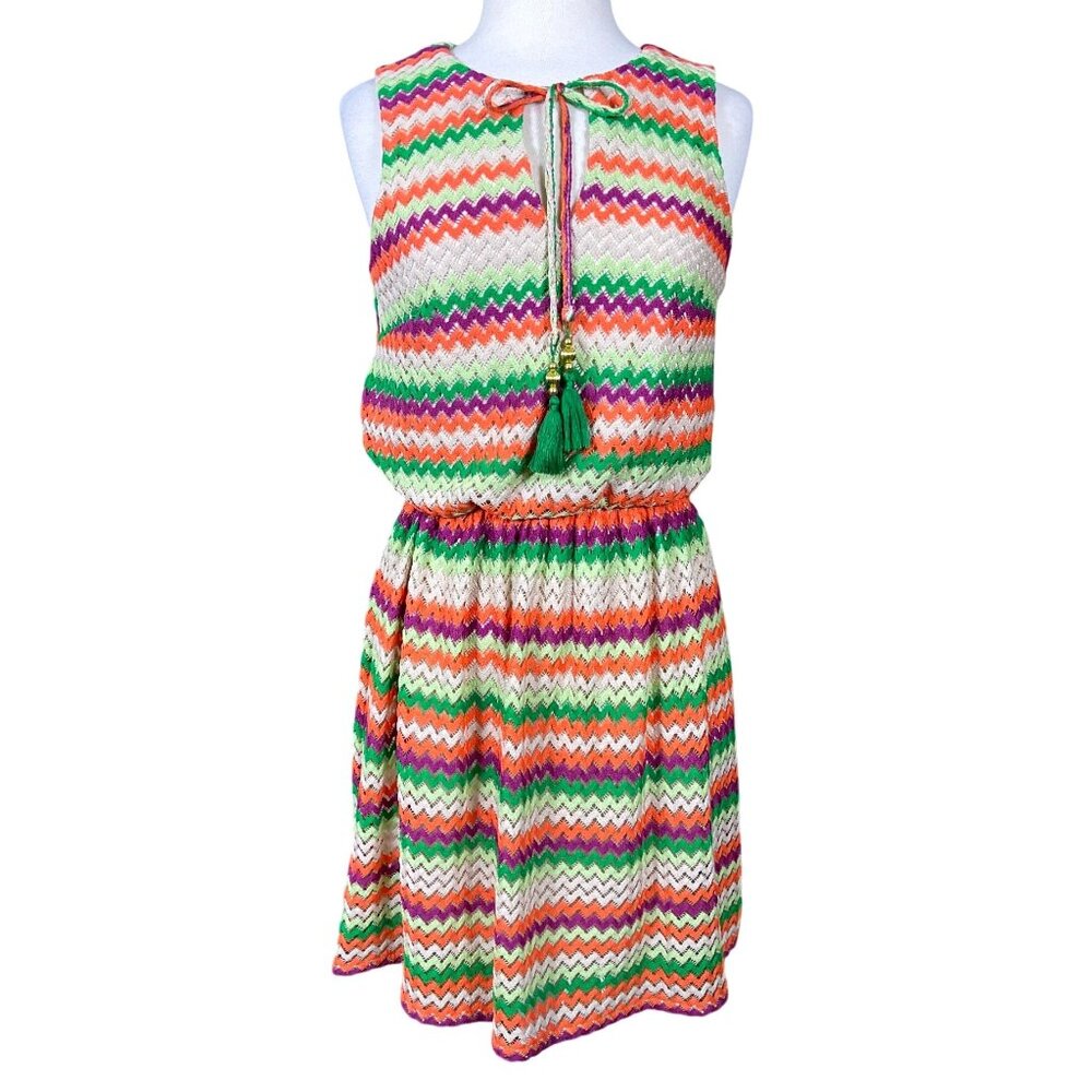 Vince Camuto Sleeveless Split Neck Tasseled Elastic Waist Crochet Dress 10 NWT